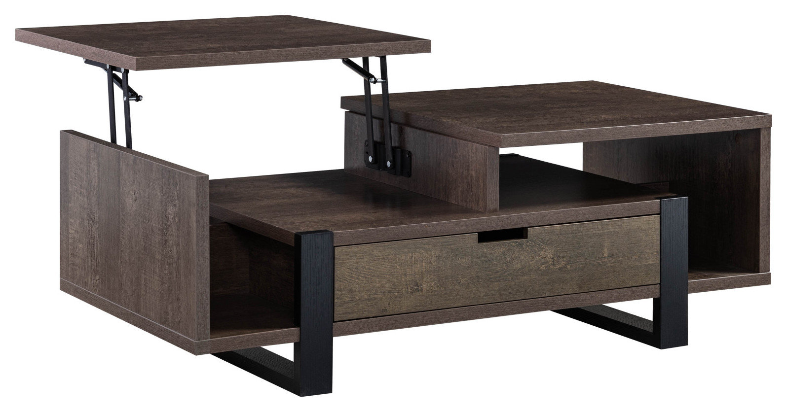 47" Brown and Black Rectangular Lift Top Coffee Table With Drawer and ...