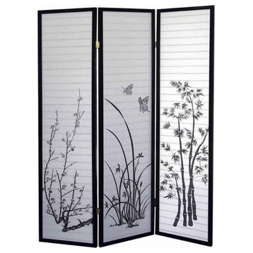 Naturistic Print Wood And Paper 3 Panel Room Divider, White And Black