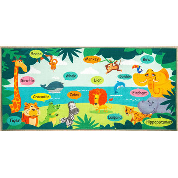 Animal Name Educational Rug for Kids, Play Room Rug Non Skid Rubber, 3'3"x6'6"
