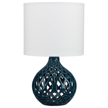 Pierced Ceramic Fretwork Table Lamp Open Entwined 17in Fat Navy Blue White Lace