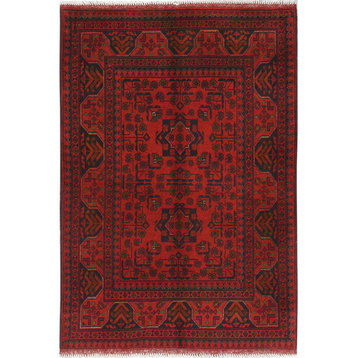 Red, Afghan Andkhoy, Wool, Hand Knotted Oriental Rug, 3'4"x5'