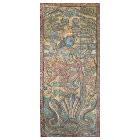 Consigned Dancing Krishna Zen Carved Wood Interior Sliding Barn Door