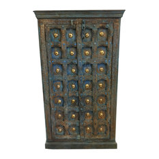 Mogul Interior - Consigned Antique Armoire Distressed Blue Brass Patina Chakra Grooved Wardrobe - Armoires and Wardrobes