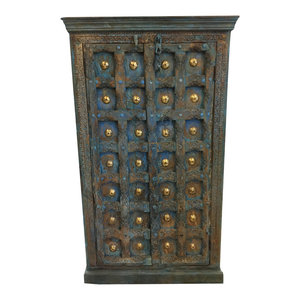 Mogul Interior - Consigned Antique Armoire Distressed Blue Brass Patina Chakra Grooved Wardrobe - Armoires And Wardrobes