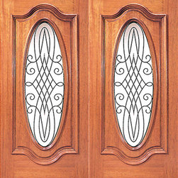 Prehung Mahogany Oval Lite Exterior Double Door with Ironwork - Front Doors