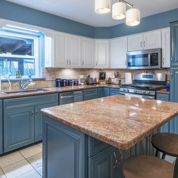 Transitional Kitchen with Two-Tone White and Blue Cabinets in Adelphia, MD