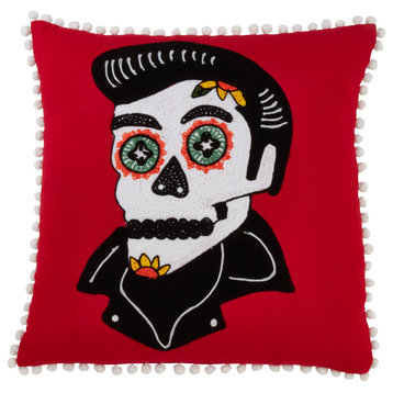 Poly Filled Sugar Skull Design Cotton Pillow, 18"x18", Red