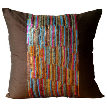 Multi Art Silk 14"x14" Multicolor Sequins Pillow Covers, Streaks Of Color