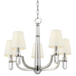 Hudson Valley Lighting - Dayton, Five Light Chandelier, Polished Nickel Finish, White Faux Silk Shade - Dayton's strong arms hold smooth crystal columns, for a look of confident glamour. The chandelier's central crystal teardrop showcases the material's pristine beauty. Softly textured tailored shades balance the sheen of Dayton's glass and metal.
