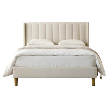 Modern Platform Bed, Flannel Upholstered Wingback Headboard, Cream/Queen