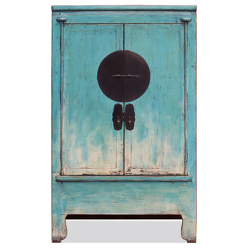 Distressed Elmwood Chinese Ming Wedding Armoire, Sky Blue