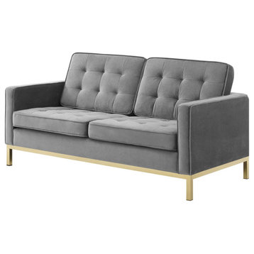Modern Designer Lounge Lobby Loveseat Sofa, Velvet Fabric, Gold Grey Gray