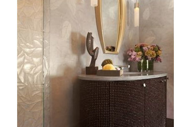 Inspiration for a mid-sized transitional gray tile and stone tile marble floor corner shower remodel in Dallas with furniture-like cabinets, dark wood cabinets, a two-piece toilet, blue walls and an undermount sink