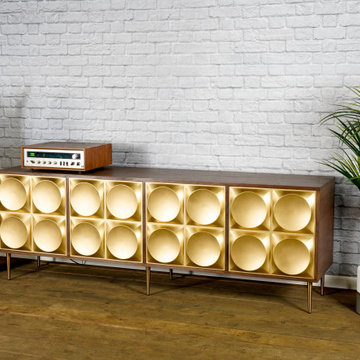 Modern Credenza with gold doors. Mid century modern, walnut sideboard, Hollywood
