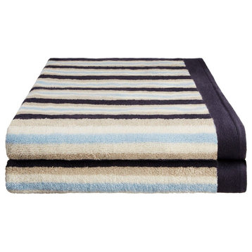 2 Piece Cotton Stripes Washable Bath Towel Set, Blue