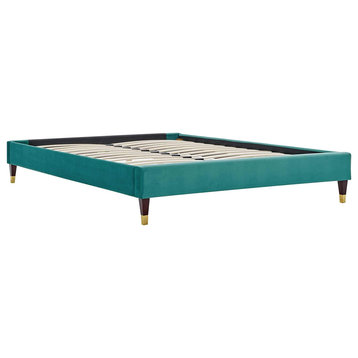 Full Size Platform Bed, Strong Slat Support and Velvet Upholstered Frame, Teal