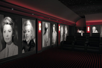 This is an example of a large traditional home cinema in Other.