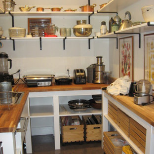 Small farmhouse kitchen pantry ideas - Kitchen pantry - small farmhouse u-shaped concrete floor kitchen pantry idea in Orlando with a single-bowl sink, open cabinets, wood countertops and stainless steel appliances