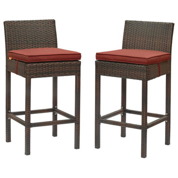Outdoor Patio Bar Stool Chair, Set of Two, Fabric Rattan Wicker, Brown Red
