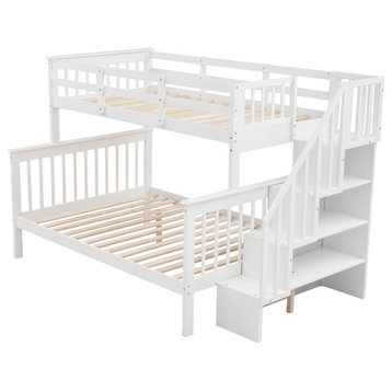 Twin Over Full Bunk Bed With Storage and Guard Rail, White