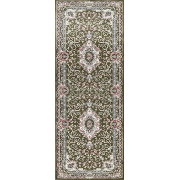 Green Floral Medallion Transitional Turkish Rug Oriental Carpet 3x10