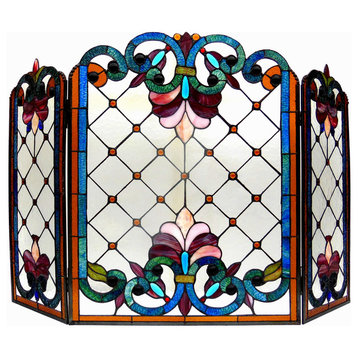 Chloe-Lighting Tiffany-Glass 3-Piece Folding Victorian Fireplace Screen
