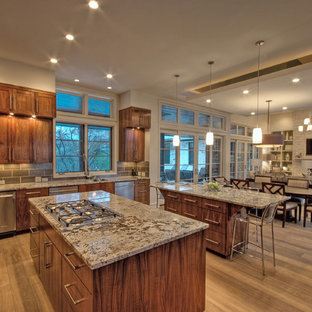 オースティンのトランジショナルスタイルのおしゃれなLDK (落し込みパネル扉のキャビネット、濃色木目調キャビネット、シルバーの調理設備の) の写真