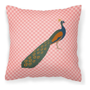 Indian Peahen Peafowl Pink Check Fabric Decorative Pillow Contemporary Outdoor Cushions And Pillows By The Store
