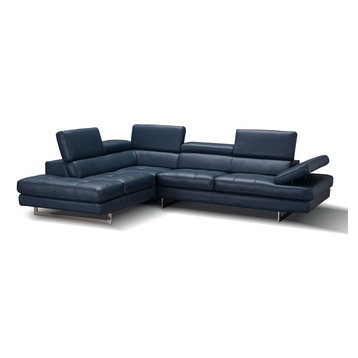 A761 Italian Leather Sectional Sofa in Blue, Left Hand Facing Chaise