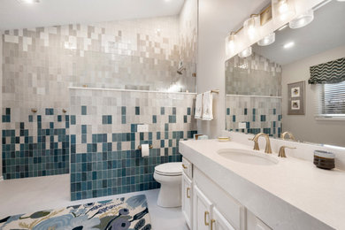 Example of a large transitional master multicolored tile porcelain tile open shower design in Cleveland with white cabinets, quartz countertops, yellow countertops and a built-in vanity