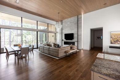 Cette image montre un grand salon design ouvert avec un mur blanc, un sol en bois brun, une cheminée ribbon, un manteau de cheminée en pierre, un téléviseur fixé au mur, un sol marron et un plafond en bois.