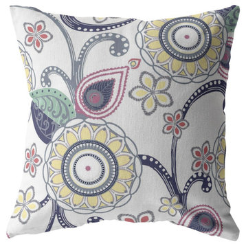 18 White Yellow Floral Indoor Outdoor Zippered Throw Pillow