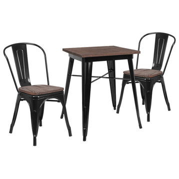 23.5" Square Black Metal Table Set with Wood Top and 2 Stack Chair