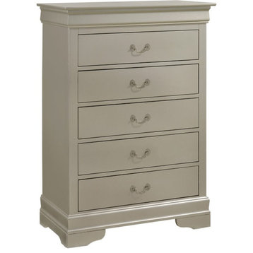 Glory Furniture Louis Phillipe Wood Veneer 5-Drawer Chest in Silver Champagne