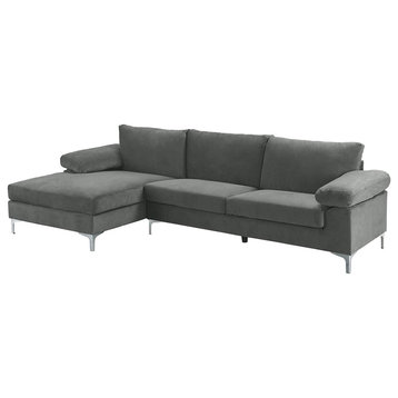 Modern Sectional Sofa, Chrome Legs & Velvet Seat With Extra Wide Chaise, Grey