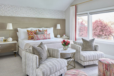 Example of a mid-sized transitional master carpeted and wallpaper bedroom design in New York with multicolored walls