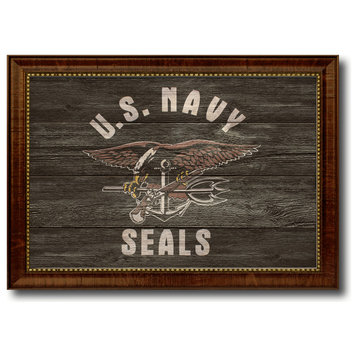 US Navy Seal Military Textured Flag Print With Brown Gold Frame, 23"X33"