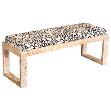 Bench, Wood Frame With Abstract Linen Fabric Upholstered Seat, Black and White