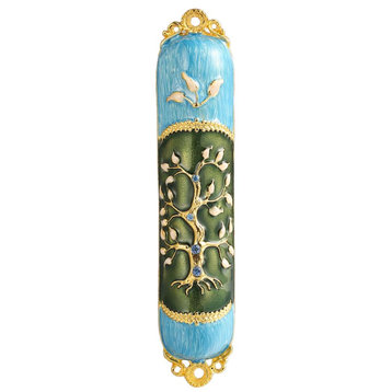 Hand Painted Enamel Mezuzah Embellished With a Tree of Life Design With Gold Acc