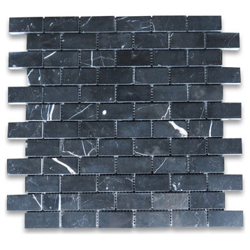 Nero Marquina Black Marble 1x2 Brick Subway Mosaic Tile Polished, 1 sheet