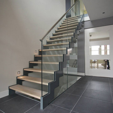 Custom Glass Railing and Staircase Wood Tread