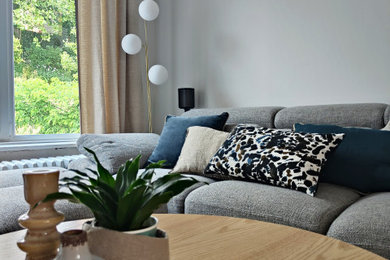 Cette image montre un salon traditionnel de taille moyenne avec un mur gris et parquet clair.