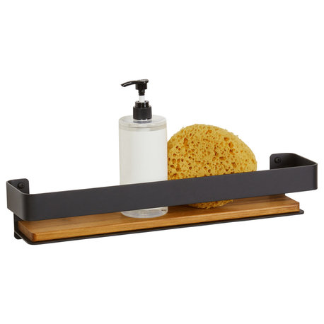 Rectangular Floating Shower Shelf With Rail and Natural Teak Wood, Matte Black