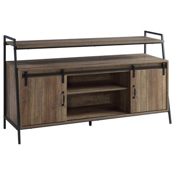 Industrial TV Stand, Open Trapezoid Design and Grooved Sliding Doors, Rustic Oak