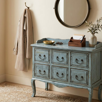 Distressed Pale Blue Curved Legs 6 Drawers Dresser Credenza Side Table ws4438