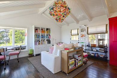 Contemporary family room in Santa Barbara with white walls, dark hardwood floors and no fireplace.