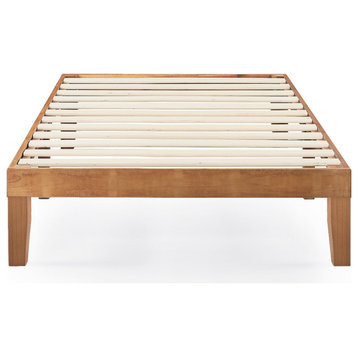Retro Platform Bed, Hardwood Frame & Strong Slat Support, Natural Pine, Twin