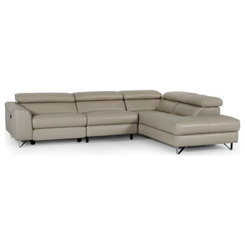 Sara Modern Light Taupe Teco, Leather Right Facing Sectional Sofa With Recliner