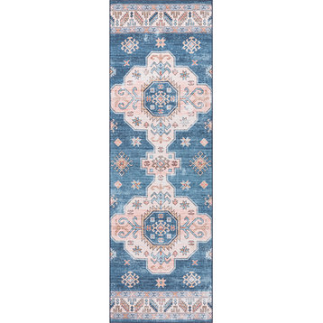 nuLOOM Norma Machine Washable Traditional Medallion Area Rug, Blue 2' 6" x 8'