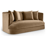 Meridian Furniture - Alder Upholstered Chair, Beige, Velvet, Loveseat - The Alder beige velvet upholstered loveseat is an invitation to relax. Its rounded silhouette and soft velvet upholstery create a cozy and inviting space, perfect for curling up with a good book or simply unwinding after a long day. Whether you're entertaining guests or enjoying a quiet moment alone, this loveseat is the ideal place to unwind.